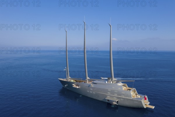 Aerial view 143 metre long three-master Sailing Yacht A, the largest sailing yacht in the world,