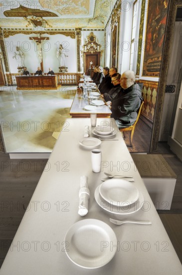 Old picture and real table, refectory, museum, Ottobeuren Monastery, Allgäu, Swabia, Bavaria,