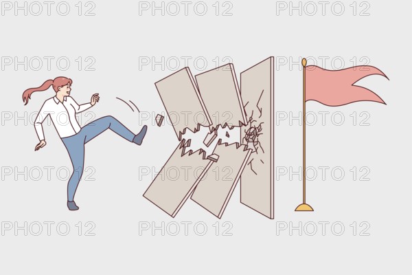 Determined woman break wall with leg kick. Motivated businesswoman find way to overcome obstacles