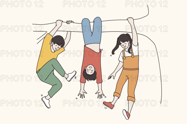 Celebrating Children Day and childhood concept. Happy smiling Children hanging on tree branch