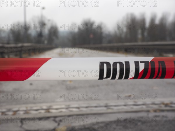 Police line (Polizia in Italian), do not cross. Area blocked for natural disaster or crime scene,