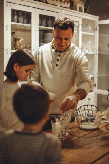 Young family, parent and child cooking homemade cake together in cozy kitchen at home during winter