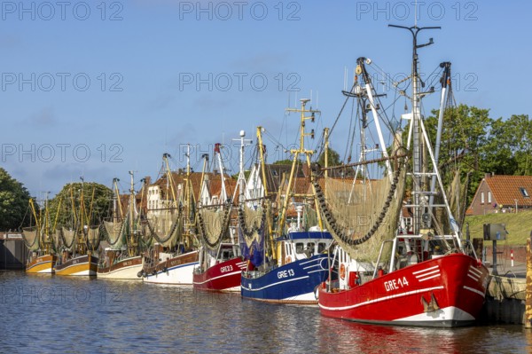 Crab cutter with crab net in the harbour of Greetsiel, Greetsiel, East Frisia, North Sea, Lower