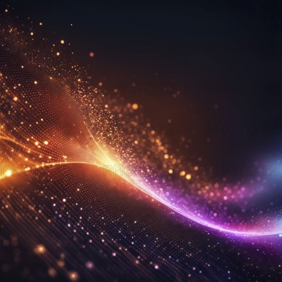 Colorful abstract digital art with glowing orange and purple waves intertwined with sparkling