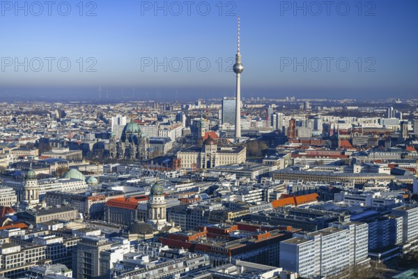 Aerial view, TV tower, Leipziger Straße, Friedrichstraße, Berlin Cathedral, Gendarmenmarkt, Berlin