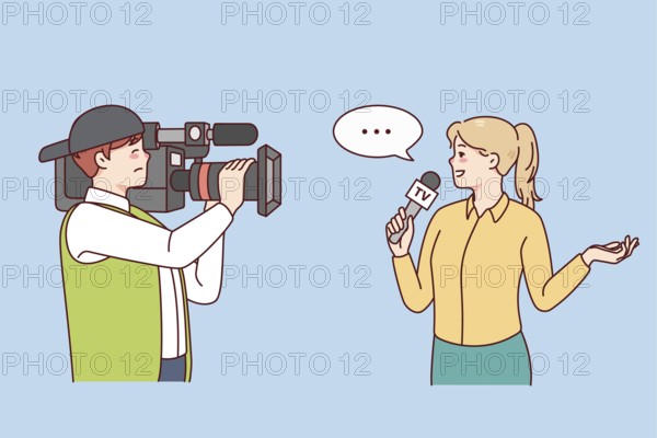 Cameraman shooting woman journalist doing reportage. Professional operator filming female reporter