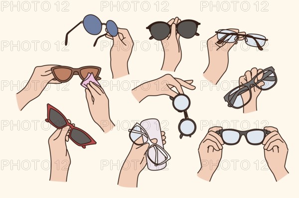 Collection of people holding various glasses for eyesight correction. Set of person hands with