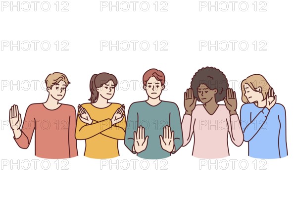 Group of multiethnic people show stop gestures not wanting to accept discrimination. Multi-ethnic