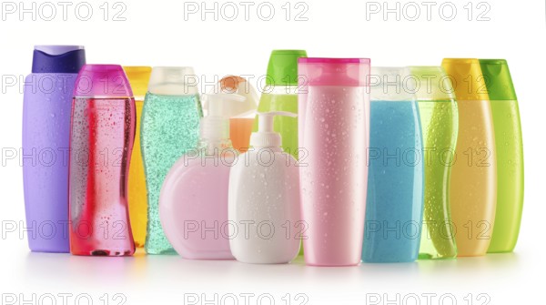 Composition with plastic bottles of body care and beauty products