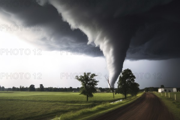 A tornado moves with great destructive force over agricultural land, road, natural disaster,