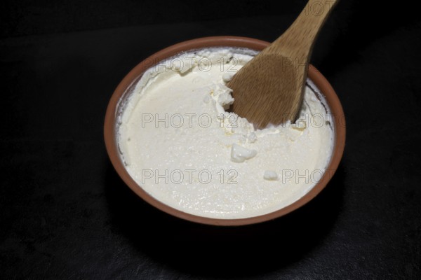 Original Turkish Kaymakli yoghurt matured in a clay bowl, with a wooden spoon, food photography