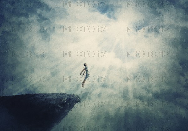 Beautiful painting with a person jumping off a cliff into the clouds. Surreal scene of a boy flying
