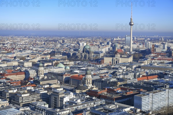 Aerial view, TV tower, Leipziger Straße, Friedrichstraße, Berlin Cathedral, Gendarmenmarkt, Berlin
