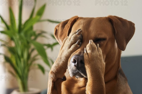 A dog covers its eyes with its paws as if it were hiding, ai generated, AI generated, AI generated