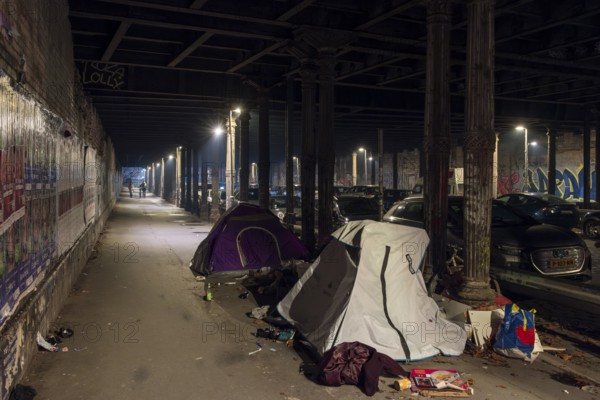 Germany, Berlin, 01.01.2025, New Year's Eve 2024, Gleimtunnel, tents of homeless people, Europe