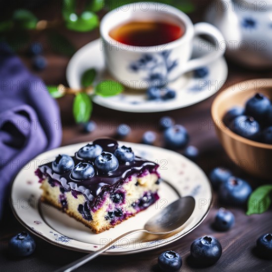 Blueberry cake piece with tea cup, scattered blueberries, and dessert plates on wooden table,