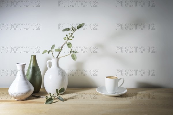 Pale still life with three vases in white and green, a sage leaf branch with shadow and a coffee