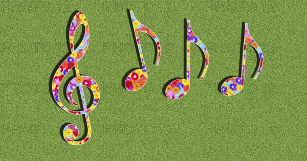 Graphic with clef and notes as a symbol for music with colourful flowers on a green background in