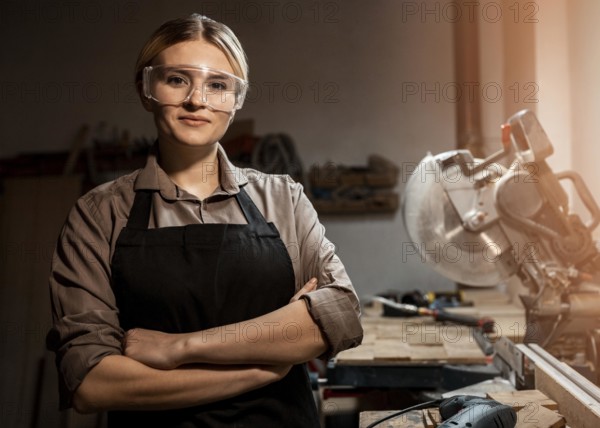 Front view female carpenter posing work