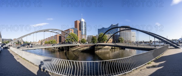 Panoramic view between the Niedehrbaumbrücken in the Hafencity, view over the Niederhafen to the