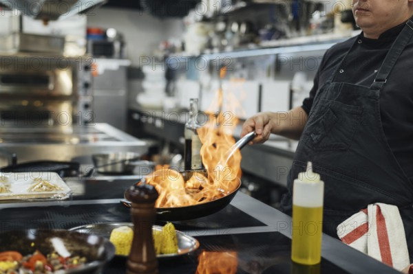 Side view male chef flambeing dish. Resolution and high quality beautiful photo