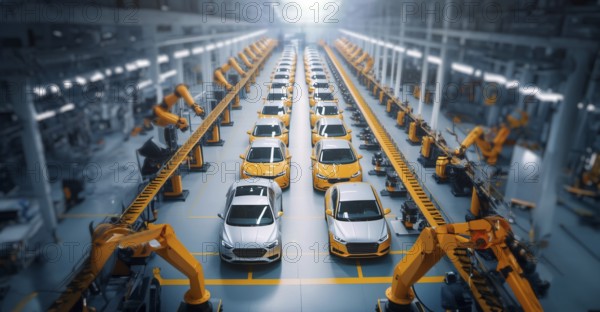 Car production at a factory, a conveyor belt for creating new cars, modern robotic technologies, AI