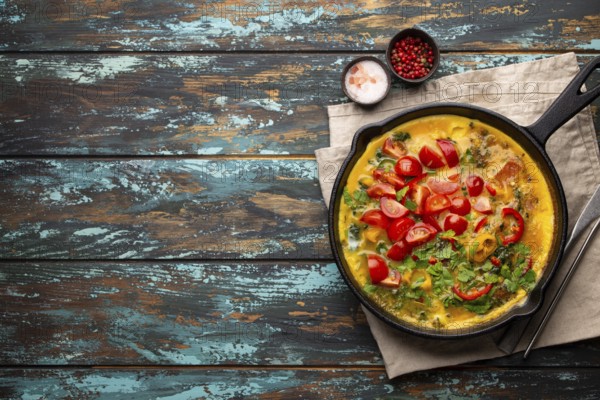 Healthy frittata in cast iron pan with fried beaten eggs and seasonal vegetables on rustic wooden