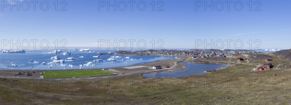 Qeqertarsuaq, Greenland, July 06, 2018: Panoramic view of Qeqertarsuaq on the Disko Island, North
