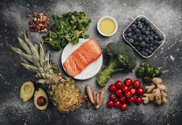 Anti inflammatory diet concept. Set of foods that help to reduce inflammation - plant based