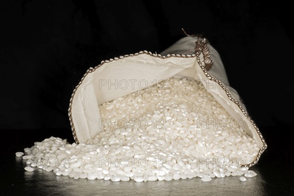 Spanish paella rice, of the Bomba variety, in a cotton bag, food photography with black background