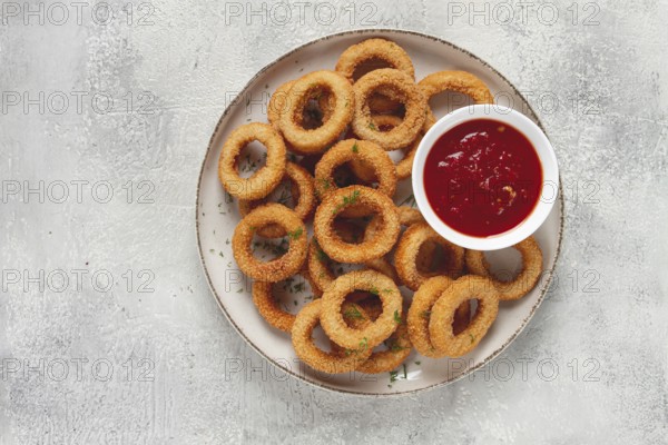 Deep fried onion rings, appetizer, with tomato sauce, on a light background, no people, favorite