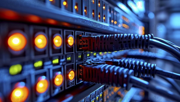 Close-up of network cables and LED lights on server racks in a data center, AI generated