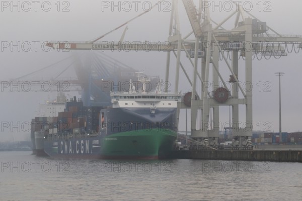 Weather, heavy fog in winter, container gantry cranes and container ship CMA CGM Ermitage of the