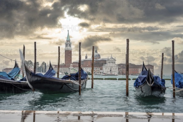Moored Gondolas during High Tide at the St Marks Square, Venice, Italy, Europe
