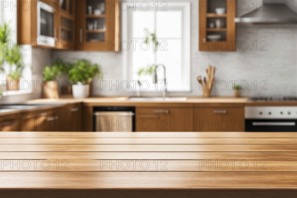 A bright kitchen with wooden countertops and cabinets, natural light, and potted plants, AI