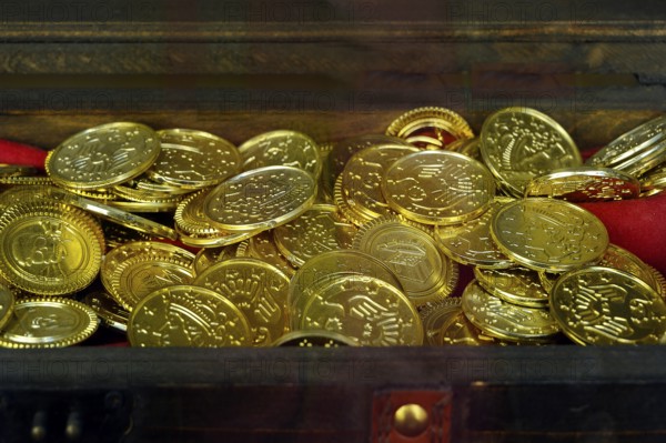 Shop window with decoration, treasure chest with gold coins, Germany, Europe