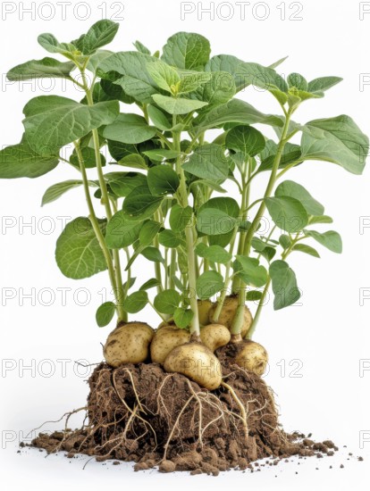 Cluster of potato plants showing roots and green leaves growing in soil, AI generated