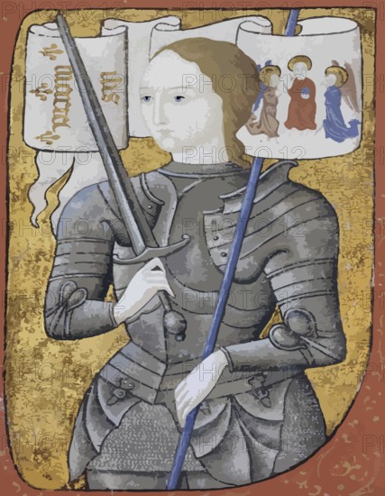 Saint Joan of Arc illustrated illumination in colour. Joan D'Arc in armour holding a sword. Sainted