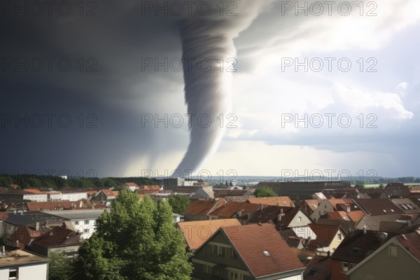 A tornado moves towards a housing estate with great destructive force, tornado, severe weather,