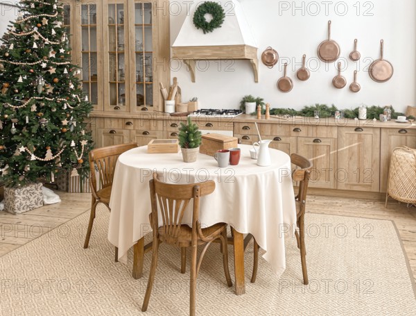 Modern, light, festive, cozy kitchen interior with Christmas and New Year decorations, kitchen