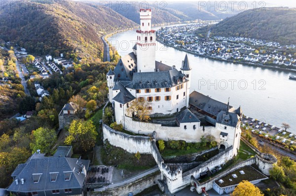 Aerial view of the Rhine Valley with the Marksburg Castle, Braubach, UNESCO World Heritage Site,