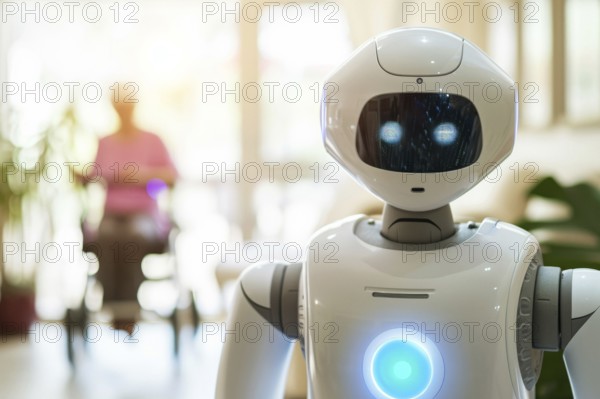 A friendly white care robot helps in a retirement home, senior with rollator, walking aid for