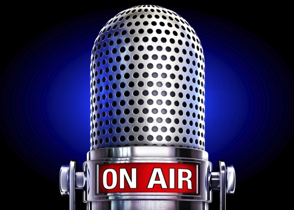 high resolution 3D rendering of a microphone with a on air icon