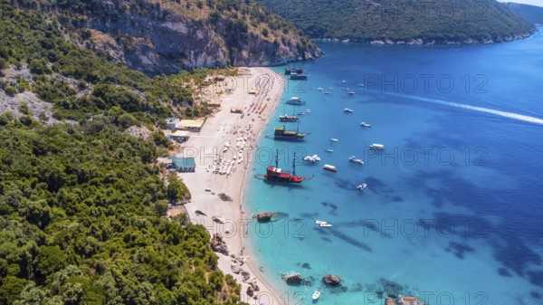 Aerial drone view of the paradise beach of Kroreza or Krorez on the Albanian riviera in Sarande,