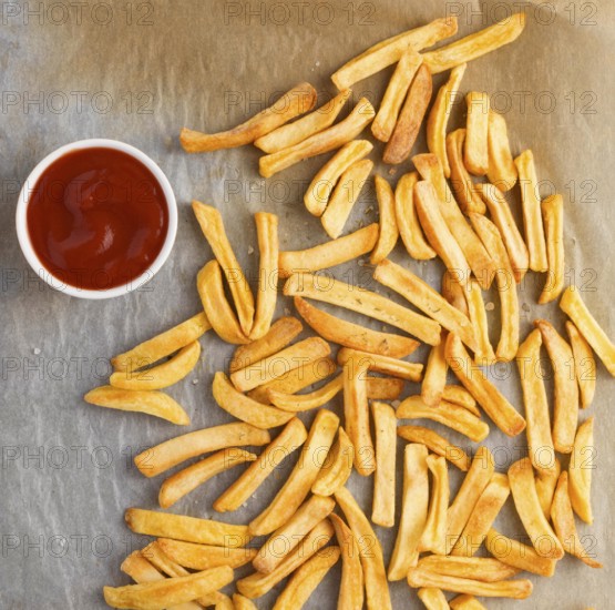 Flat lay french fries with ketchup sauce