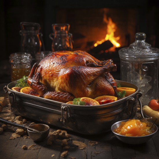 Crispy Christmas goose in a rustic setting on a table, AI generated
