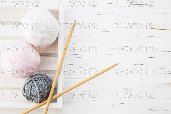 High angle view colorful yarns crochet