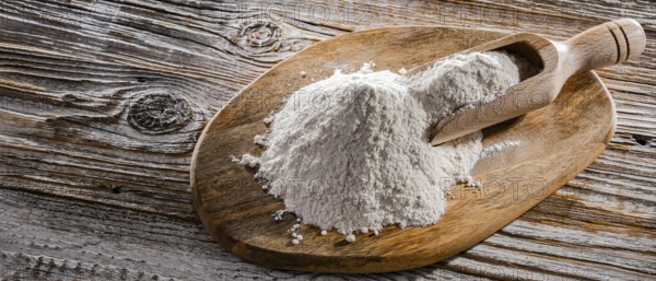 Wheat flour on the wooden cutting board