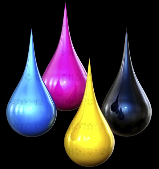 3d rendering of cmyk drops