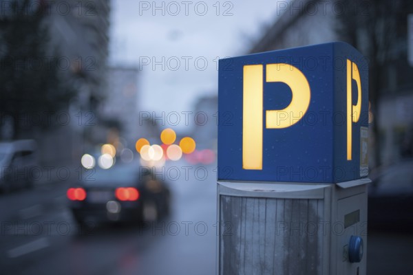 Parking machine in the city street, evening